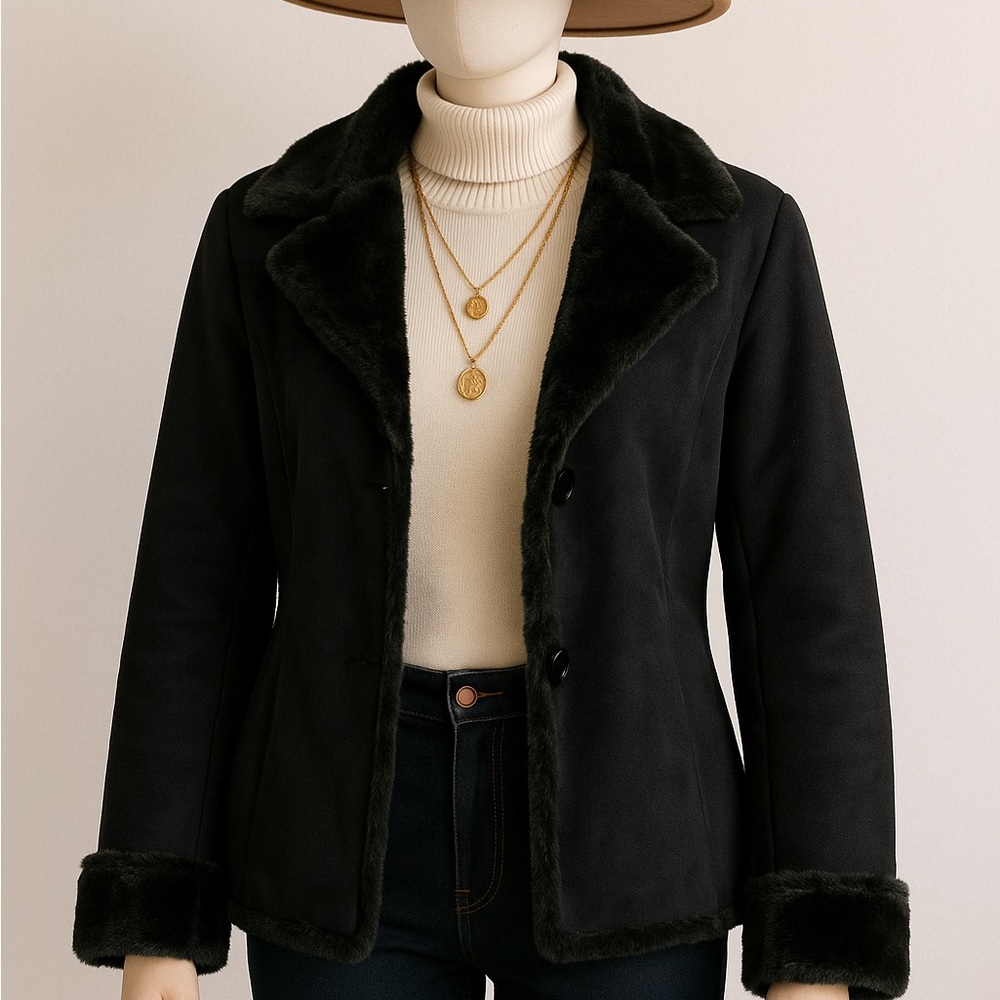 Chic Black Women's Blazer with Faux Fur Accents